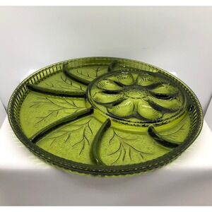Vintage Green Glass Deviled Egg Relish Tray Leaf Pattern Serving Platter 13 Inch